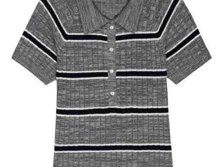 The Great Classic Polo Sweater in Heather Grey Stripe Hot on Sale