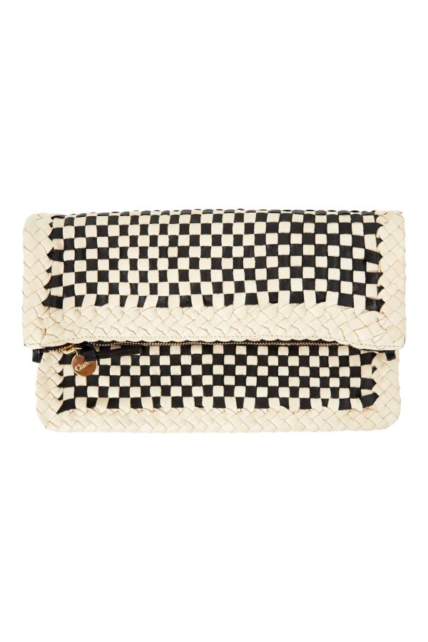 Clare V. Foldover Clutch in Cream & Black Border Woven Checker Cheap