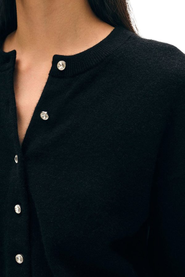 White & Warren Rhinestone Button Cashmere Cardigan in Black Sale