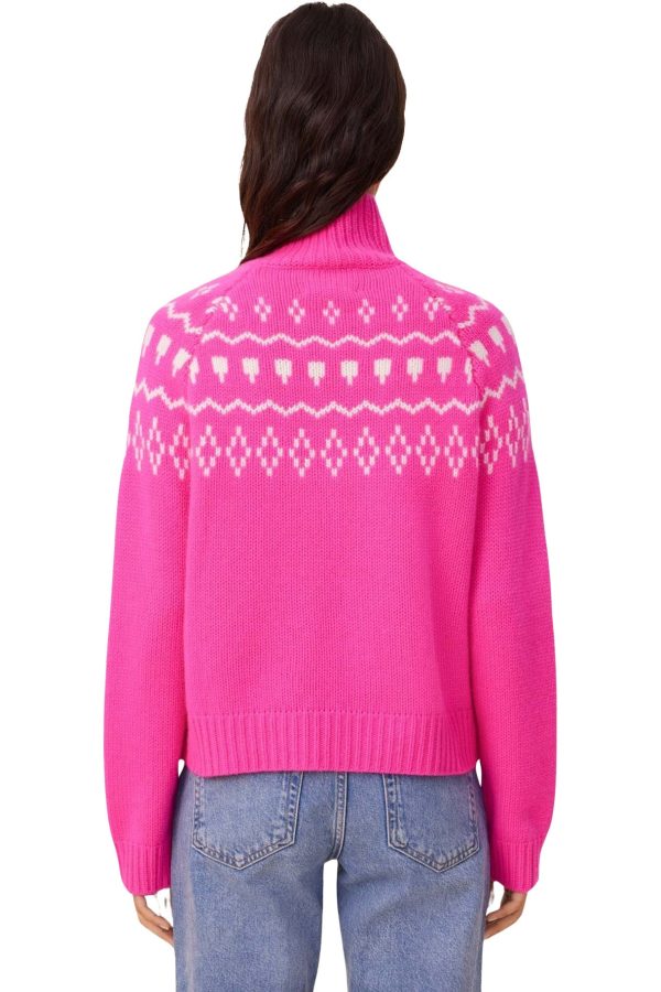 Kujten Stelli Cashmere Fair Isle Turtleneck in Rose Neon For Sale