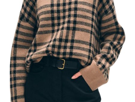 White & Warren Cashmere Plaid Crewneck in True Camel - Black Discount