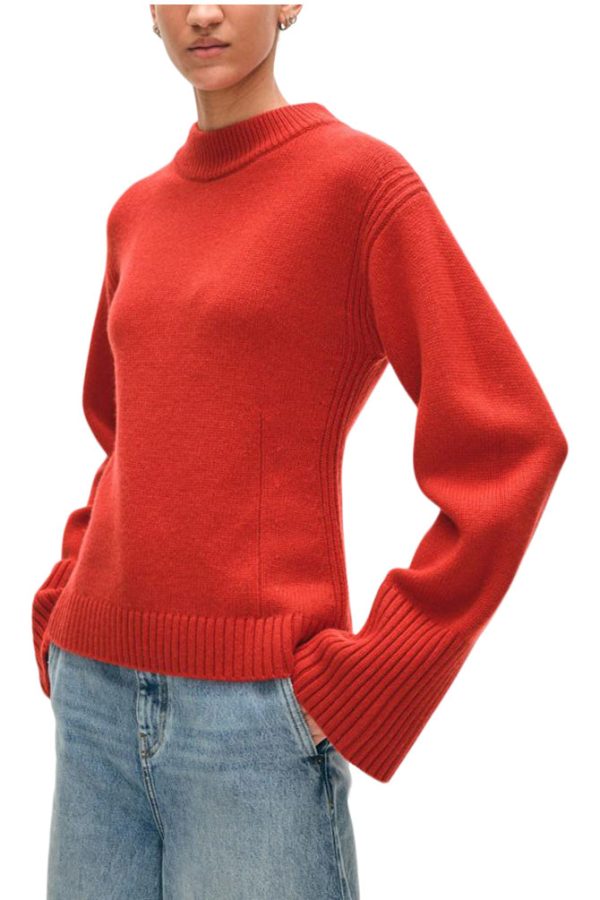 White & Warren Merino Cashmere Waisted Crewneck
 in Cottage Red on Sale