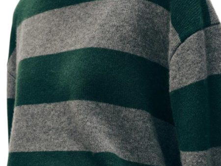 White & Warren Cashmere Striped Crewneck in Graphite - Deep Emerald Hot on Sale