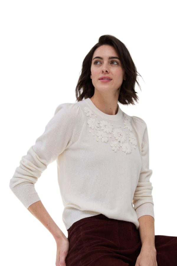 Autumn Cashmere Puff Sleeve Crew with Floral Hand Embroidery in Chalk For Sale