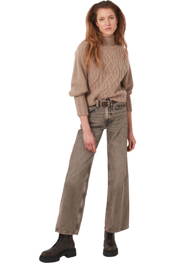 Repeat Cashmere Cropped Cable Knit Cashmere Sweater in Taupe Online Sale