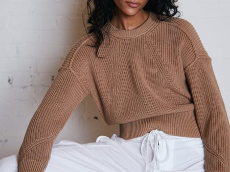 Autumn Cashmere Exposed Seam Shaker Crewneck Sweater in Camel Hot on Sale