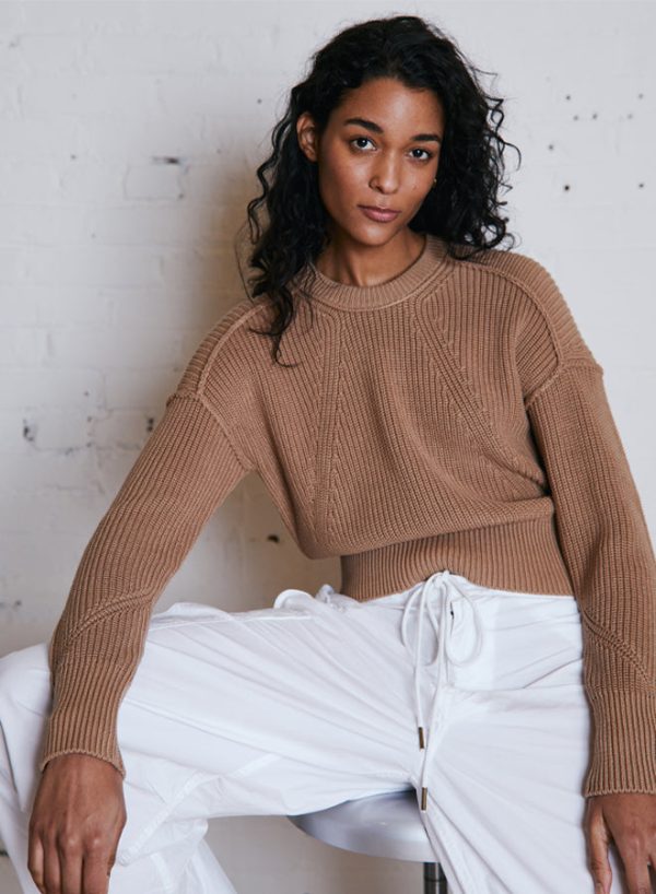 Autumn Cashmere Exposed Seam Shaker Crewneck Sweater in Camel Hot on Sale