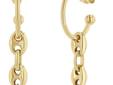 Zoe Chicco Dangling Diamond & Puffed Mariner Chain Thin Huggie Hoops in 14k Yellow Gold on Sale