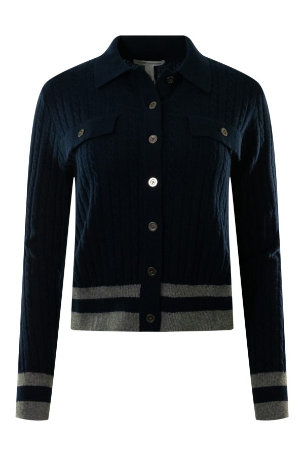 Autumn Cashmere Collared Cabled Cardigan in Navy Combo Hot on Sale