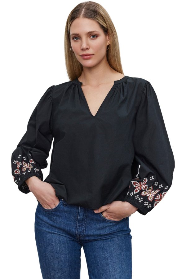 Velvet Paola Embroidered Top in Black For Cheap