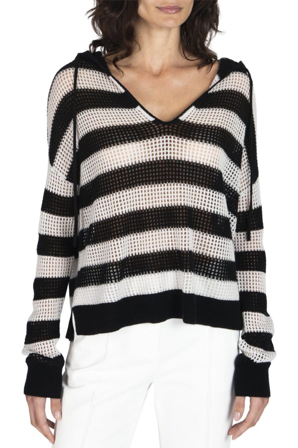 ATM Cashmere Mesh Stripe Sweater in Black-Salt Grey Sale