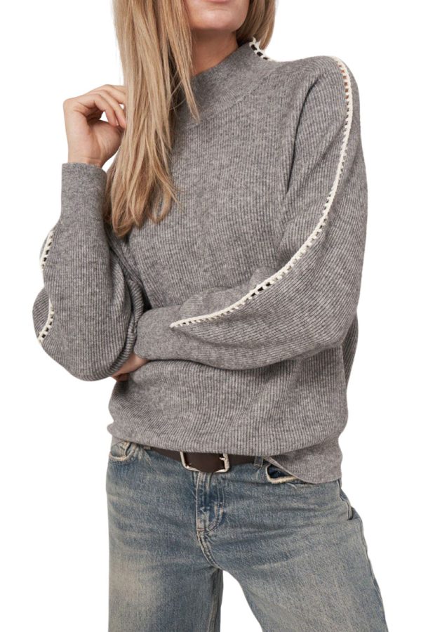 Repeat Cashmere Rib Knit Sweater with Crochet Details on Sleeves in Light Grey Cheap