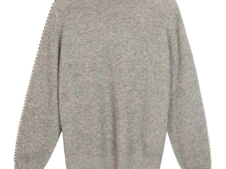 Repeat Cashmere Rib Knit Sweater with Crochet Details on Sleeves in Light Grey Cheap