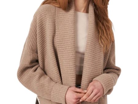 Repeat Cashmere Wool Rib Knit Cardigan with Wide Shawl Neck in Taupe on Sale